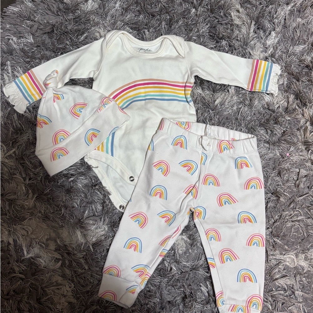 Pehr for indigo collaboration Rainbow onesie pant and hat set